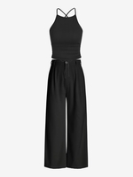 Criss Cross Lace Up Open Back Top and Pleated Wide Leg Pants Set Black
