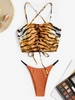Criss Cross Lace Up Tiger Print Swim Top with Contrast Strap Tanga Bikini Bottom Coffee