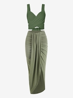 Criss Cross Multiway Cropped Tank Top and Draped Ruched Maxi Skirt Set Light green