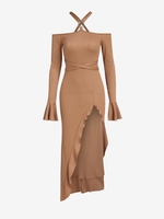 Criss Cross O-ring Ruffles Textured Asymmetrical Dress M Coffee