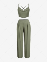 Criss Cross Open Back Cowl Front Top and Pants Set L Deep green