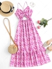 Criss Cross Open Back Painting Floral Cinched Dress S Light pink