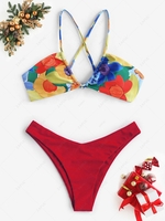 Criss Cross Painting Floral Cheeky Mix and Match Bikini Set Red