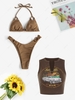 Criss Cross Textured Bikini Set With Coconut Tree Paper Clip Tank Top Coffee