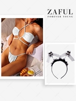 Criss Cross Textured Floss Bikini with Halloween Costume Headband White