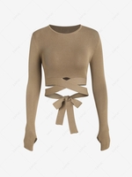 Criss Cross Tie Back Crop Knitwear with Thumb Holes L Light coffee