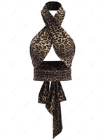 Criss Cross Tie Waist Leopard Archie Top L Coffee