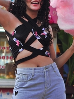 Criss Cross Tied Floral Archie Top M Black