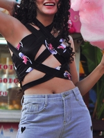 Criss Cross Tied Floral Archie Top S Black