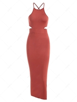 Crisscross Back Cutout Split Side Slinky Jersey Dress M Red
