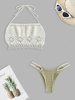Crochet Beaded Open Back Cover Up Top and High Cut Strappy Bikini Bottom White