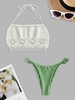 Crochet Beaded Tie Open Back Cover Up Top with Honeycomb Textured Ruffle Bikini Bottom White