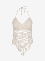 Crochet Fringed Scarf Hem Padded Top Light coffee
