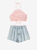 Crochet Halter Crop Tank Top And Faded Wash Denim Shorts Light pink