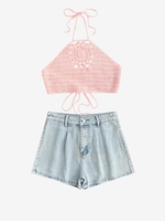 Crochet Halter Crop Tank Top And Faded Wash Denim Shorts Light pink