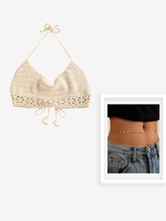 Crochet Halter Cropped Top With Minimalist Belly Chain Silver