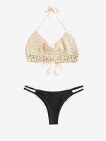 Crochet Halter Top and Side Cutout Bikini Bottom Set Light coffee