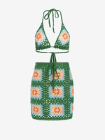 Crochet Hollow Out Bra and Drawstring Skirt Set Green