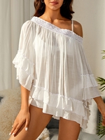 Crochet Insert Off Shoulder Flounce Hem Cover Up Top White