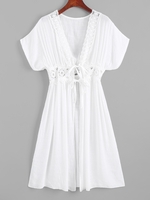 Crochet Insert Tie Front Batwing Sleeve Cover Up White