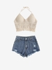 Crochet Knit Bralette Top and Distressed Denim Shorts Outfit Light coffee