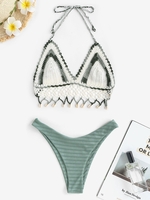 Crochet Knit Shells Halter Cover Up Top with Textured Brazilian Bikini Bottom Light green