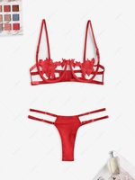 Crochet Lace Underwire Balconette Lingerie Set L Red