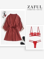 Crochet Lace Underwire Balconette Lingerie Set with Satin Belted Robe Red