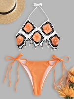 Crochet Mesh Panel Shells Cover Up Top with Side Tie Ribbed Swim Bottom
