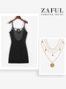 Crochet Openwork Backless Mini Beach Dress with Layered Disc Chain Necklace Black