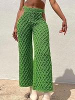Crochet Openwork Cutout Waist Straight Pants L Green