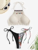 Crochet Padded Pompoms Cover Up Top with Leopard Flower Paisley Print Ribbed Bikini Bottom Light coffee