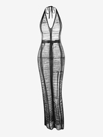 Crochet Ripped Halter Open Back Dress L Black