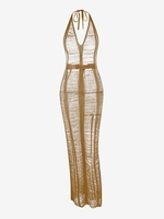 Crochet Ripped Halter Open Back Dress L Coffee