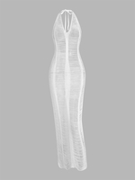 Crochet Ripped Halter Open Back Dress L White