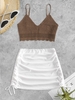 Crochet Scalloped Beach Top and Ribbed Cinched Side Skirt Set Deep coffee
