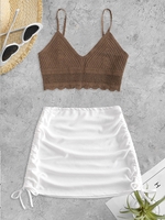 Crochet Scalloped Beach Top and Ribbed Cinched Side Skirt Set Deep coffee