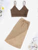 Crochet Scalloped Cami Beach Top and Drawstring Tie Asymmetric Slit Beach Skirt Set Light coffee