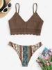 Crochet Scalloped Cami Beach Top with Ethnic Printed Cheeky Bikini Bottom Deep coffee