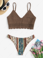 Crochet Scalloped Cami Beach Top with Ethnic Printed Cheeky Bikini Bottom Deep coffee