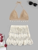 Crochet Shell Tassel Halter Bikini Top and Scalloped Edge Skirt Set Light coffee