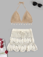 Crochet Shell Tassel Halter Bikini Top and Scalloped Edge Skirt Set Light coffee