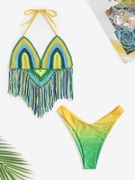 Crochet Tassel Beach Top and Ombre High Leg Bikini Bottom Green