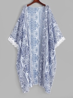 Crochet Tasseled Trim Printed Kimono Cover Up Light blue