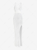 Crochet Thigh Split Backless Surplice Dress L White