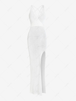 Crochet Thigh Split Backless Surplice Dress M White