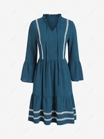 Crochet Trim Tie Collar Tiered Mini Dress L Deep blue