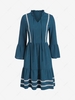 Crochet Trim Tie Collar Tiered Mini Dress M Deep blue