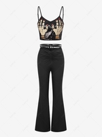 Crop Cami Tank Top and G-string Boot Cut Pants Set Black