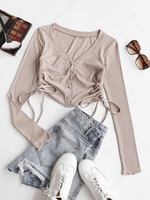 Cropped Button Up Cinched Side Ribbed Tee M Light coffee